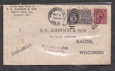 USA ADVERTISING COVER ENVELOPE S C JOHNSON & SON CINCINNATI TO RACINE SPEL DELIV - Image 1 of 2