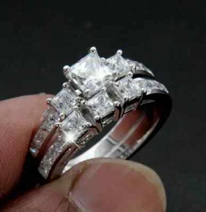 2Ct Princess Simulated Diamond Wedding Bridal Ring Set 14K White Gold Finish - Picture 1 of 3