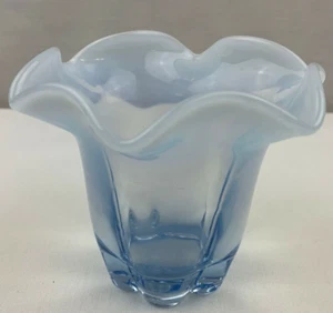 Duncan & Miller Glass Blue Opalescent Ruffled Top Canterbury Vase - Ground Base - Picture 1 of 3