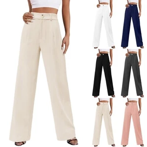 Women Wide Leg Business Pants Solid High Waist Straight Long Work Trousers Pants - Picture 1 of 42