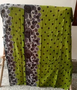 Reversiable Kantha Quilt Indian Vintage Bedspread Cotton Blanket Ralli Gudari - Picture 1 of 2
