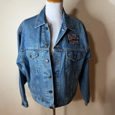 男式蓝色牛仔夹克复古摇滚市场 1997 年巡回演出布贴 90 年代风格 — 第 1/4 张图片