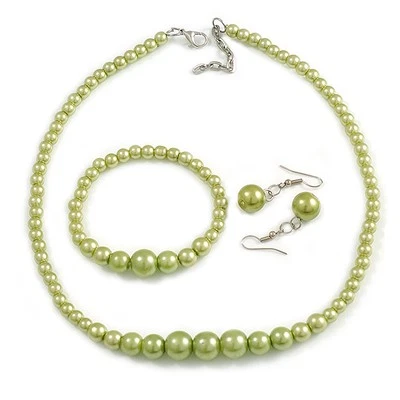 Canary Green Faux Pearl Bead Necklace/ Stretch Bracelet/Drop Earrings Set - - Image 1 of 4