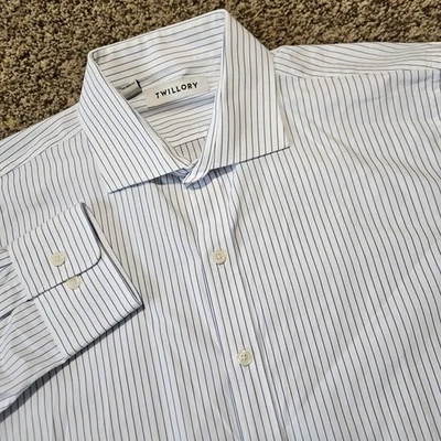 ETON Dress Shirt Linen Cotton Mens Slim XL Neck 17 43 Plaid Blue White L/S Large - Image 1 of 4