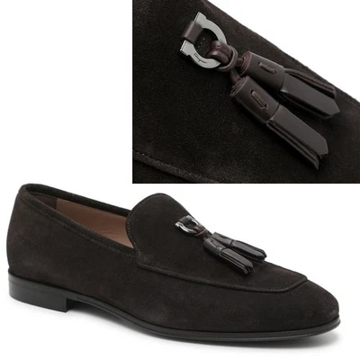 SALVATORE FERRAGAMO SHOES BLACK SUEDE SAND LOAFER GANCINI TASSEL $950 8.5 EEE - Image 1 of 4