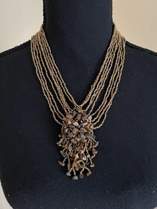 Glass Beaded Beads Stone Statement Necklace Multi Strand Bronze Brown 8” Drop - Picture 1 of 8