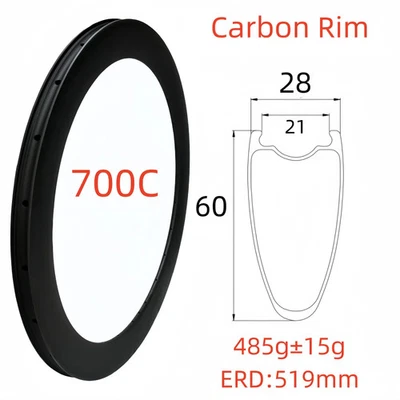 Llantas de carbono para bicicleta de carretera 700C súper ligeras 28 mm de ancho 60 mm profundidad simetría sin cámara  Foto 1 de 4