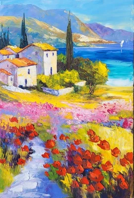 NOLAC - "Vers le Paradis Méditerranéen" 60x40 Couteau Vue Villa et Mer Turquoise - Photo 1/4