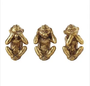Golden Bronzed 3 Wise Resin Monkeys See Hear Speak No Evil Leave Ornament - Bild 1 von 5