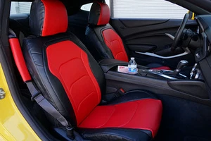 CHEVY CAMARO 2016- BLACK/RED LEATHER-LIKE CUSTOM FIT FRONT SEAT COVER - Picture 1 of 12