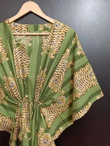 1PC Indian Green Tiger Print Women Clothing Cotton Kaftan Night Gown Maxi Dress - Picture 1 of 2
