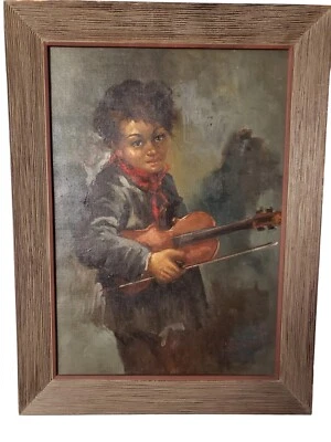 Pintura antigua vintage grande óleo sobre lienzo niño tocando la guitarra firmada enmarcada Foto 1 de 4