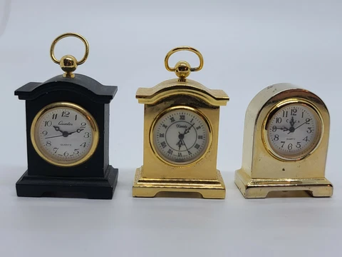 Vintage Lot of 3 Miniature Brass Quartz 'Antique Dollhouse Style' Bracket Clocks Cover
