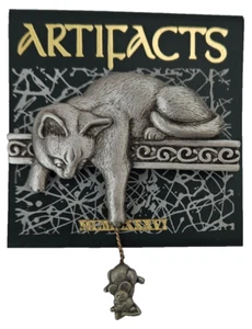 Pewter Cat & Dangling Mouse Brooch JJ Jonette on Artifact Card VTG Pin Gift 2.5" - Picture 1 of 6