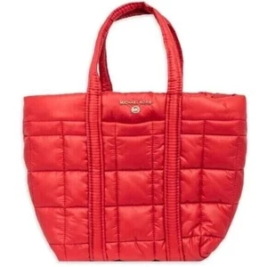 MICHAEL KORS Stirling quilted recycled nylon puffy SMALL tote bag RED $258 - Picture 1 of 5