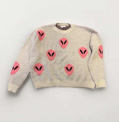 Easel Los Angeles Sweater Small Beige &  Pink Alien Face Graphic Knit Pullover - Image 1 of 4