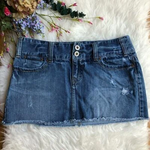American Eagle Blue Denim Distressed Destroy Fray Hem Pocket Mini Skirt Womens 8 - Picture 1 of 6