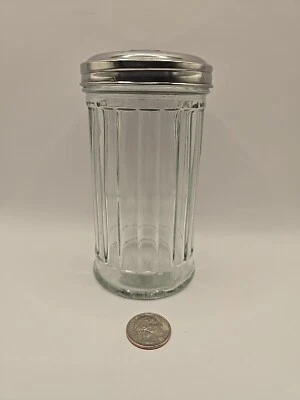 RIBBED CLEAR GLASS PARMESAN CHEESE SUGAR SHAKER  W/FLIP SPOUT METAL LID - Image 1 of 4