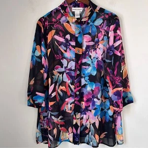 Blau-rosa geblümte transparente Bluse mit Mandarinkragen - Bild 1 von 6