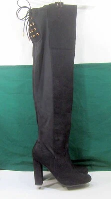 NEW  Black 4"Block High Heel Round Toe Over Knee BACK LACE  Boots WOMEN Size 8 - Image 1 of 4
