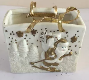 Portacandele luce tè in ceramica Babbo Natale avorio/oro - Foto 1 di 6