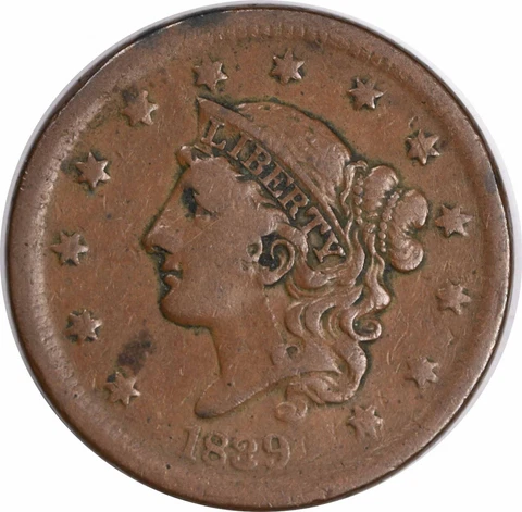 1839 Large Cent Silly Head VF Uncertified #1108 Cover