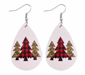 Merry Christmas Trees Plaid Teardrop Earrings Fish Hook Faux Leather  - Picture 1 of 1