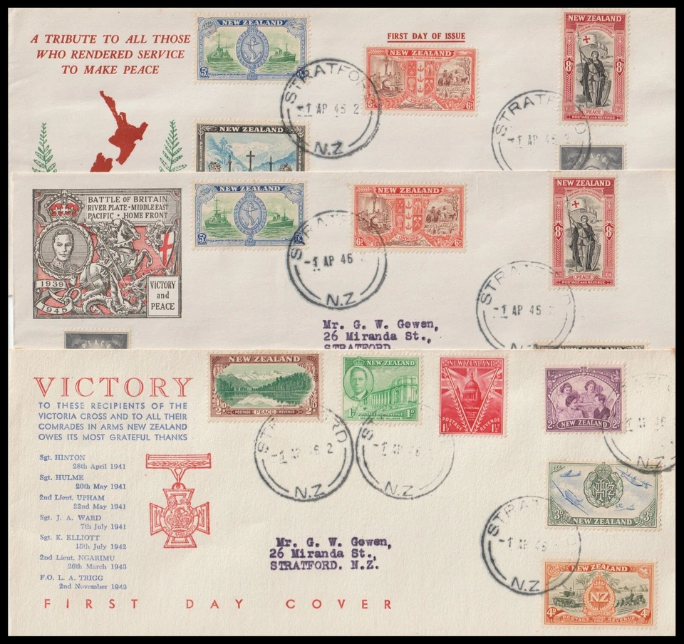 NEW ZEALAND 1946 VICTORY / PEACE FDC TRIO (F) - Image 1 of 1