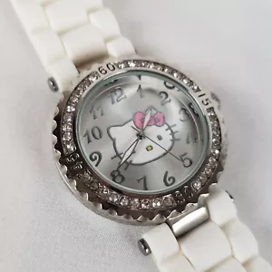 Hello Kitty Watch Womens Silver Rhinestone Bezel White Silicone Band Sanrio 2014 - Picture 1 of 5