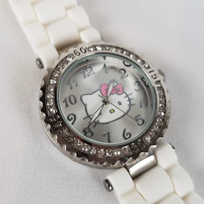 Hello Kitty Watch Womens Silver Rhinestone Bezel White Silicone Band Sanrio 2014 - Image 1 of 4