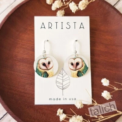 Artista Earrings Cute Barn Owl Disc Lightweight Unique Gift Handmade in USA - Image 1 of 4