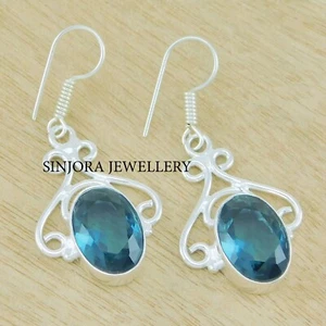 London Blue Topaz stone 925 sterling silver handmade Dangle/Drop Earrings 1.50" - Picture 1 of 4