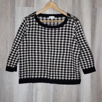 Joseph A Womens XL Cream Black Houndstooth 3/4 Sleeve Shoulder Zip Sweater - Image 1 of 4