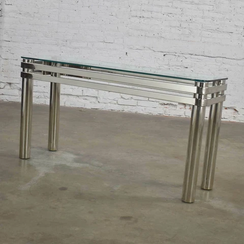 Modern Chrome Rectangle Console Sofa Table Glass Top Style Pace or Karl Springer Cover