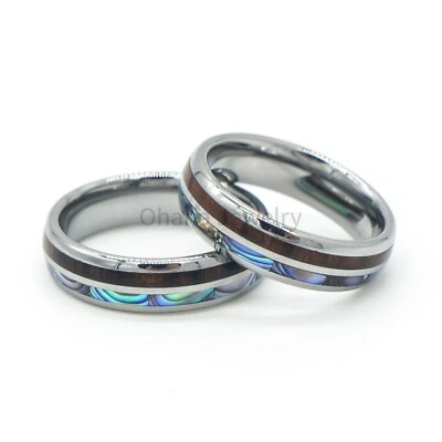 6/8mm Men's Tungsten Abalone Shell Hawaiian Koa Wood Band Ring Comfort Fit - Image 1 of 2