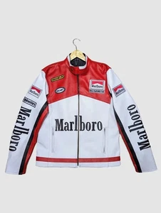 Marlboro Racing Giacca Pelle Vintage Motociclista Pelle di Vacchetta Rosso Bianco Personalizzata - Foto 1 di 5