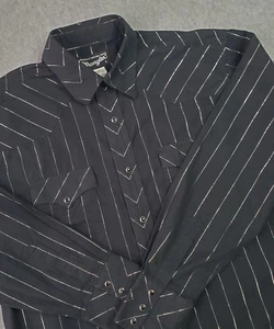 Wrangler Western Shirt Men Large Black Silver Stripe Pearl Snap Sawtooth Vintage - Picture 1 of 11