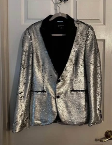 Men's Silver Sequined Shiny Shimmer One-Button Suit Blazer Jacket, Size small - Picture 1 of 4
