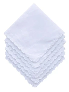 Plain White 100% Cotton Handkerchiefs with Scalloped Edge Hankies 9PCS - Picture 1 of 7