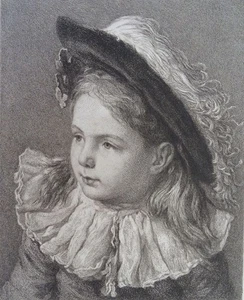Antikes Miniatur Portrait von Mädchen mit Federnhut - Radierung Kindkopf - 1830 - Bild 1 von 4
