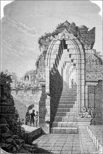 INDONÉSIE (JAVA) - PORTIQUE du TEMPLE BOUDDHISTE de BOROBUDUR - Gravure du 19e - Picture 1 of 3