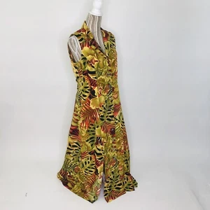 Vintage 90d Mod Floral Leaf Novelty Print Collared Button Maxi Dress M/L Womens - Picture 1 of 10