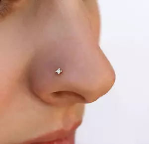 Real 0.03 Ct Diamond Nose Stud Screw Ring Piercing Pin 18 Gauge 14K Yellow Gold - Picture 1 of 12