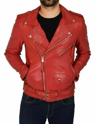 Classic Men's Lambskin Leather Biker Motorcycle Jacket Stylish Belted Red Coat - Image 1 of 4