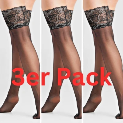 3er Pack Halterlose Strümpfe 20DEN S-L Schwarz Weiß Natur Nylons Fiore Sandrine - Bild 1 von 4