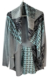 Style & Co Womens Shawl Neck MIXED MEDIA Cardigan Gray Mint Green Knit Sz S VGUC - Picture 1 of 8