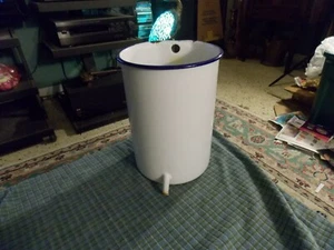 Antique WHITE ENAMEL BLUE RIM WATER DISPENSER Primitive Wall Hanger W/ Patina 7" - Picture 1 of 5