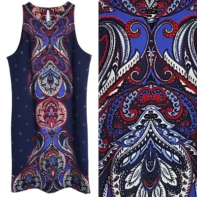 Banana Republic Talla 6 Paisley Vestido Vaina Sin Mangas Azul Marino Multi Elástico Boho Foto 1 de 4