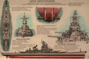 USS Wisconsin, BB-64, Schlachtschiff, Militär, US Navy, Schiff --- Technische Postkarte - Bild 1 von 2