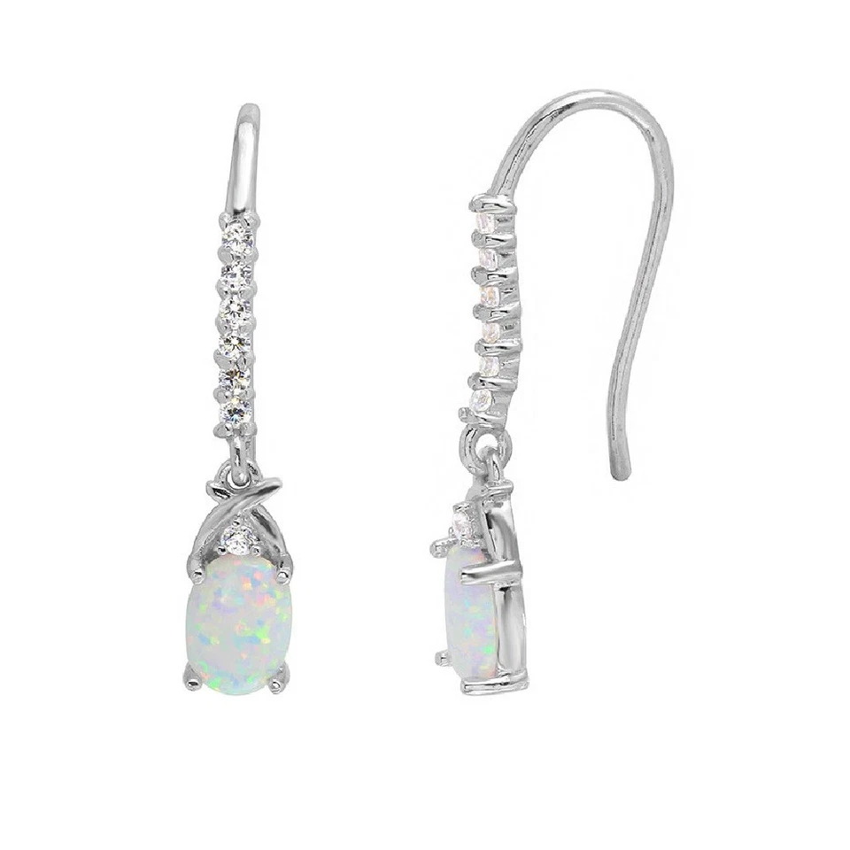 Argento Sterling Gancio Orecchini W/ Pendente Ovale Forma Opale & Pietre Zirconi - Immagine 1 di 1